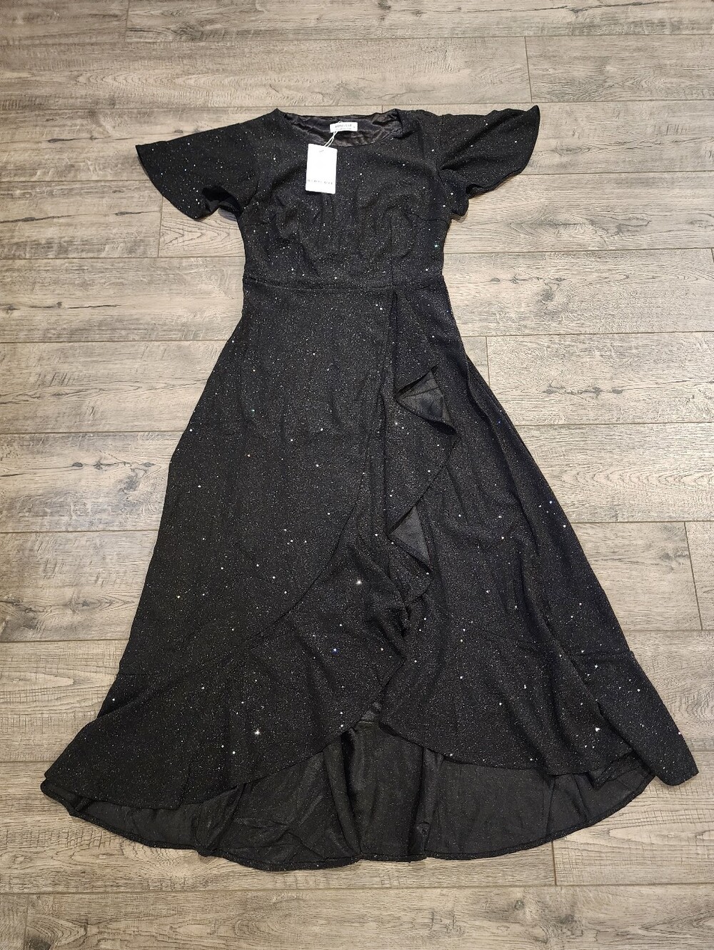 NWT BeryLove Women Size Medium Sequin Formal Black Flutter-Sleeve Ruffle Sparkle